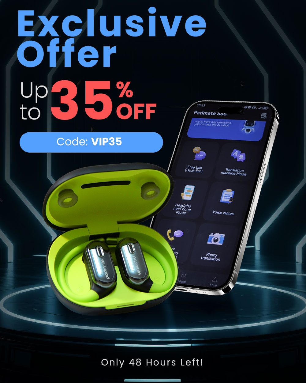Padmate S66 OWS Open-ear Bluetooth Translation Headphones with Neckband