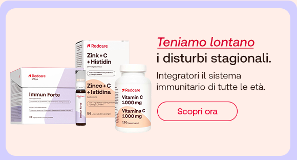 Tre confezioni Redcare di integratori per il sistema immunitario con testo: Teniamo lontano i disturbi stagionali. Pulsante Scopri ora.
