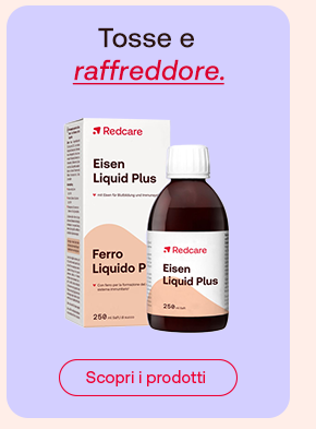 Flacone Redcare Ferro Liquido Plus e confezione abbinata, su sfondo lilla. Testo: Tosse e raffreddore. Pulsante Scopri i prodotti.