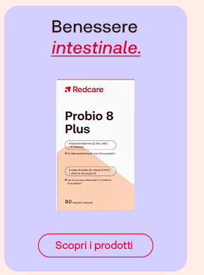 Immagine del prodotto Redcare Probio 8 Plus, su sfondo lilla con il testo "Benessere intestinale" in alto e un pulsante rosso con la scritta "Scopri i prodotti" in basso.