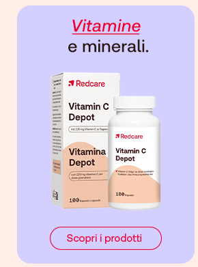 Immagine del prodotto Redcare Vitamin C Depot, su sfondo lilla con il testo "Vitamine e minerali" in alto e un pulsante rosso con la scritta "Scopri i prodotti" in basso.