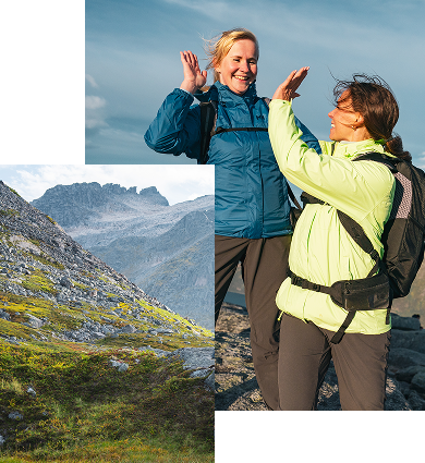 Two women on top of a mountain in Helly Hansen jackets