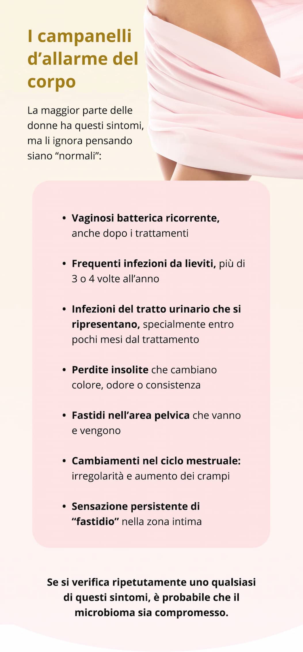 I campanelli d’allarme del corpo La maggior parte delle donne ha questi sintomi, ma li ignora pensando siano “normali”: ⚫ Vaginosi batterica ricorrente, anche dopo i trattamenti  ⚫ Frequenti infezioni da lieviti, più di 3 o 4 volte all’anno  ⚫ Infezioni del tratto urinario che si ripresentano, specialmente entro pochi mesi dal trattamento  ⚫ Perdite insolite che cambiano colore, odore o consistenza ⚫ Fastidi nell’area pelvica che vanno e vengono  ⚫ Cambiamenti nel ciclo mestruale: irregolarità e aumento dei crampi   ⚫ Sensazione persistente di “fastidio” nella zona intima  Se si verifica ripetutamente uno qualsiasi di questi sintomi, è probabile che il microbioma sia compromesso.