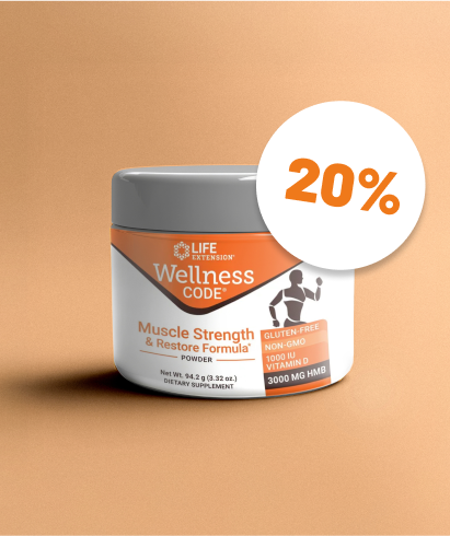 alt="Contenitore in polvere Life Extension Wellness Code Muscle Strength & Restore Formula con etichetta di sconto del 20% su fondo arancione»