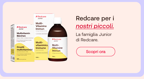 Prodotti Redcare Junior: multivitaminici e sciroppo. Testo: Redcare per i nostri piccoli. Pulsante Scopri ora.