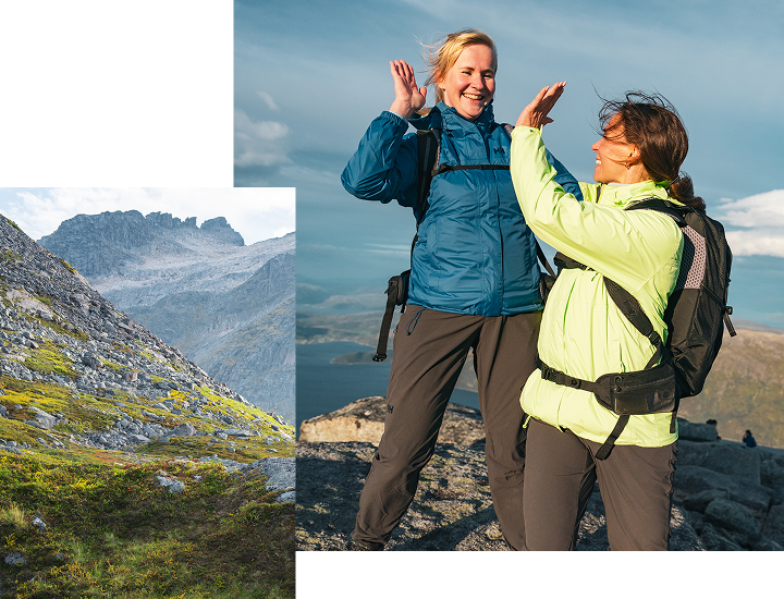 Two women on top of a mountain in Helly Hansen jackets
