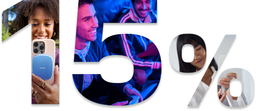 Un collage di immagini che forma &#x22;15% «, con una donna che tiene in mano un telefono con un SSD SanDisk Creator Phone, due uomini che giocano e una donna che inserisce un'unità telefonica in un telefono.