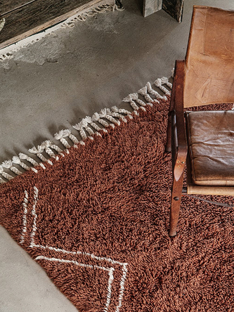 Shaggy rust red rug in rustic styled living room