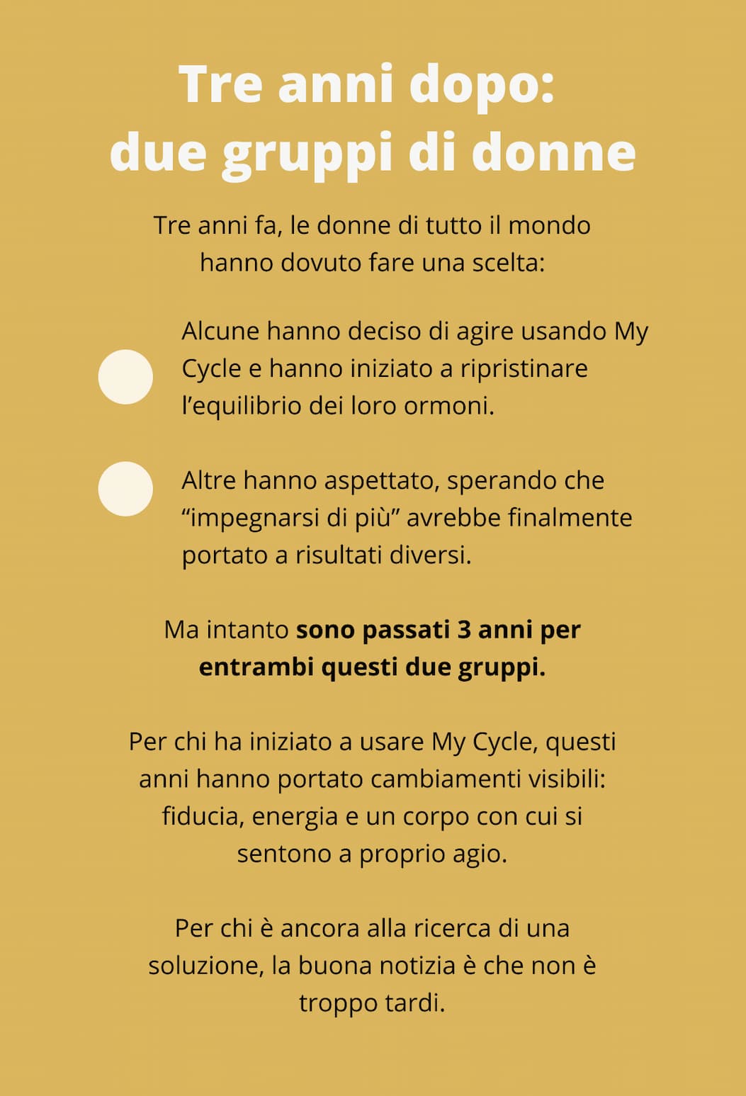 Tre anni dopo: due gruppi di donne Tre anni fa, le donne di tutto il mondo hanno dovuto fare una scelta: Alcune hanno deciso di agire usando My Cycle e hanno iniziato a ripristinare l’equilibrio dei loro ormoni. Altre hanno aspettato, sperando che “impegnarsi di più” avrebbe finalmente portato a risultati diversi. Ma intanto sono passati 36 mesi per entrambi questi due gruppi. Per chi ha iniziato a usare My Cycle, questi anni hanno portato cambiamenti visibili: fiducia, energia e un corpo con cui si sentono a proprio agio. Per chi è ancora alla ricerca di una soluzione, la buona notizia è che non è troppo tardi.