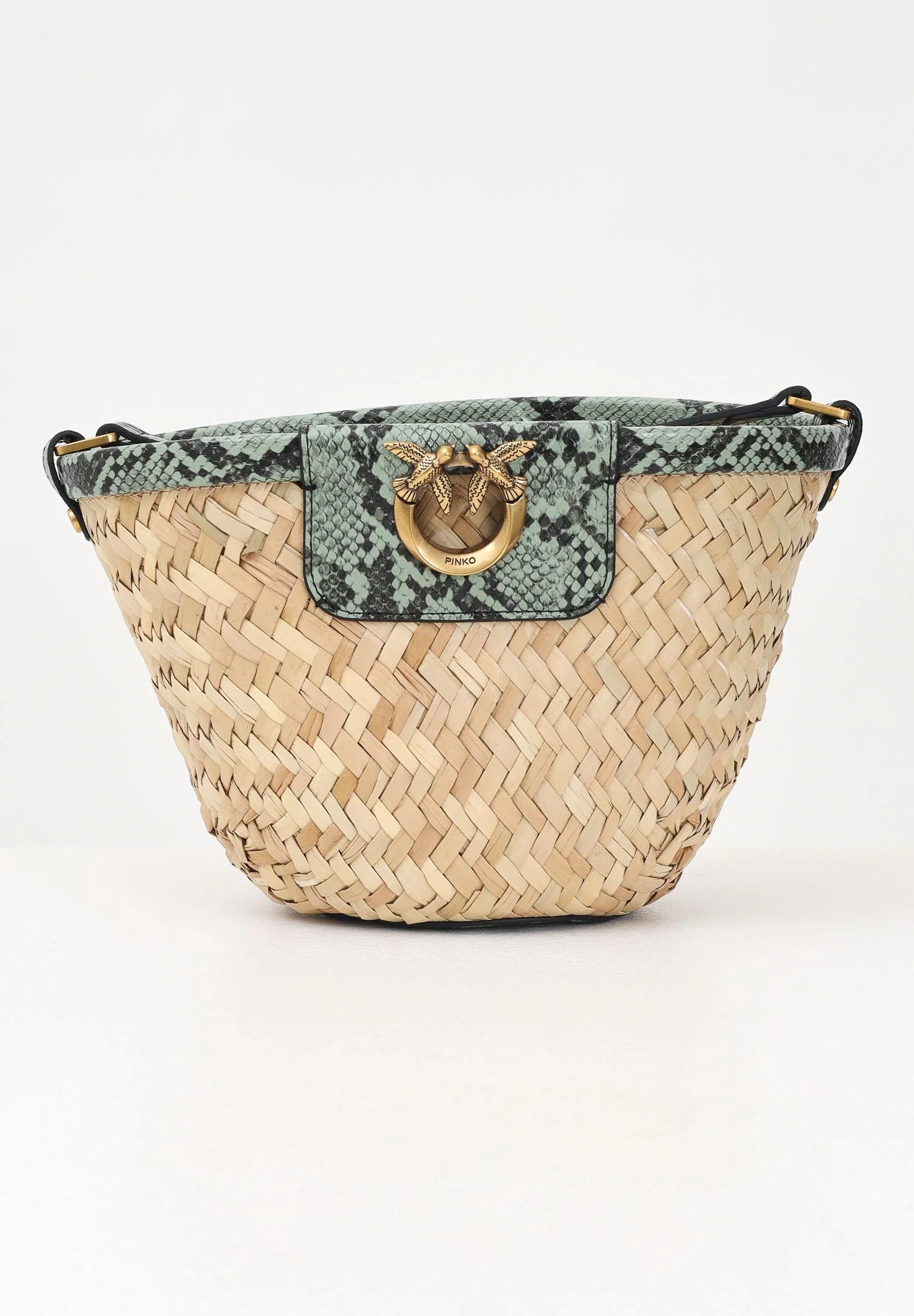 Image of PINKO Borsa a tracolla da donna realizzata in rafia intrecciata beige con rifiniture e tracolla in pelle stampa lucertolina