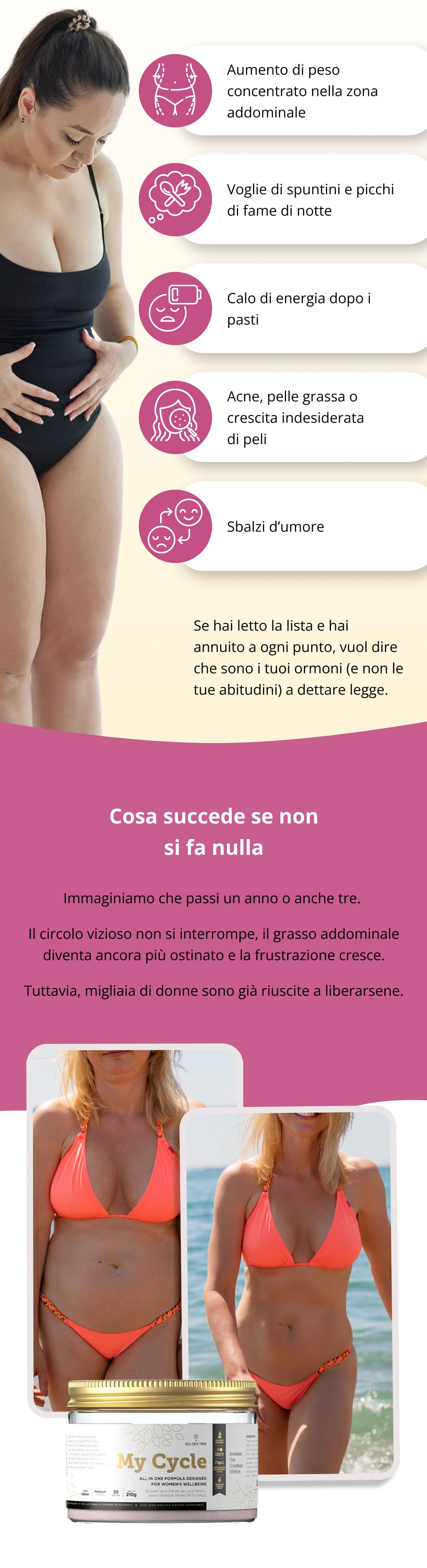 ✔  Aumento di peso concentrato nella zona addominale ✔ Voglie di spuntini e picchi di fame di notte ✔ Calo di energia dopo i pasti ✔ Acne, pelle grassa o crescita indesiderata di peli ✔ Sbalzi d’umore Se hai letto la lista e hai annuito a ogni punto, vuol dire che sono i tuoi ormoni (e non le tue abitudini) a dettare legge. Cosa succede se non si fa nulla Immaginiamo che passi un anno o anche tre.  Il circolo vizioso non si interrompe, il grasso addominale diventa ancora più ostinato e la frustrazione cresce. Tuttavia, migliaia di donne sono già riuscite a liberarsene.