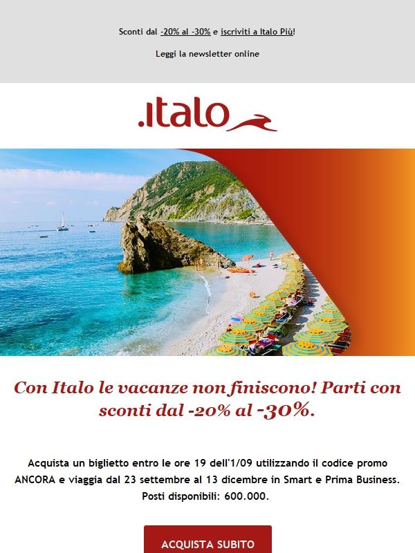 Con Italo le vacanze non finiscono! Parti con sconti dal -20% al -30%.
