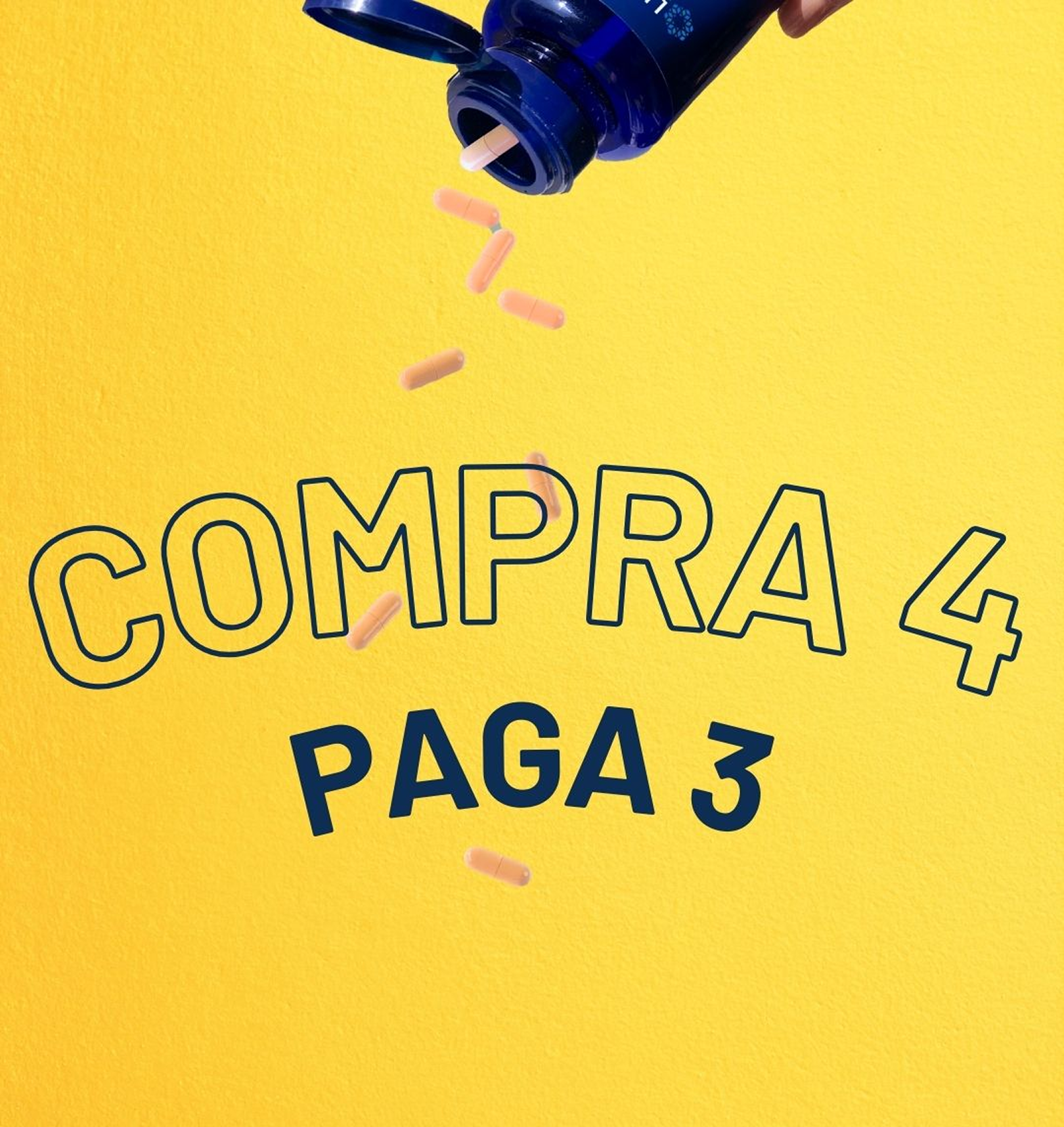 alt="Testo grande con la scritta "Acquista 4, paghi 3“ su sfondo giallo brillante”