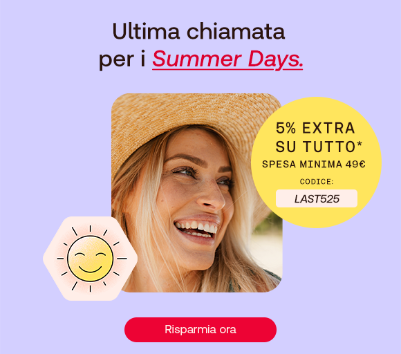 "Donna bionda con cappello estivo sorride, accanto a un badge giallo che annuncia: '5% extra su tutto* - Spesa minima 49€ - Codice: LAST525'. Testo: Ultima chiamata per i Summer Days. Pulsante rosso: Risparmia ora."