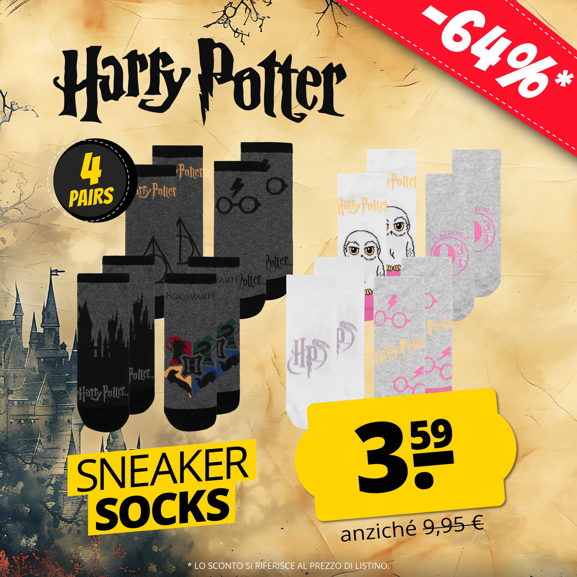 Harry Potter hogwarts mix uomo calzini corti sneaker 4 paia