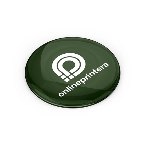 Adesivo 3D rotondo, verde scuro, con logo bianco e scritta «onlineprinters» in diagonale.