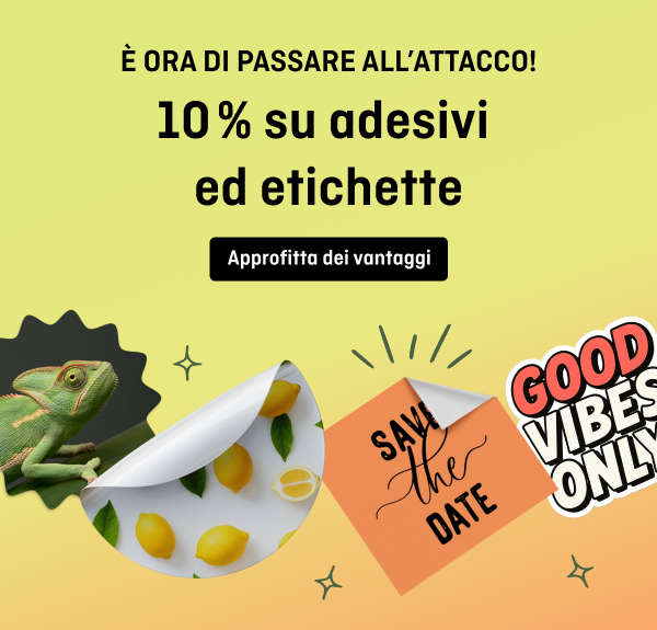 Testo 'È ORA DI PASSARE ALL'ATTACCO! 10% su adesivi ed etichette. Approfitta dei vantaggi' con adesivi di limoni e un camaleonte.