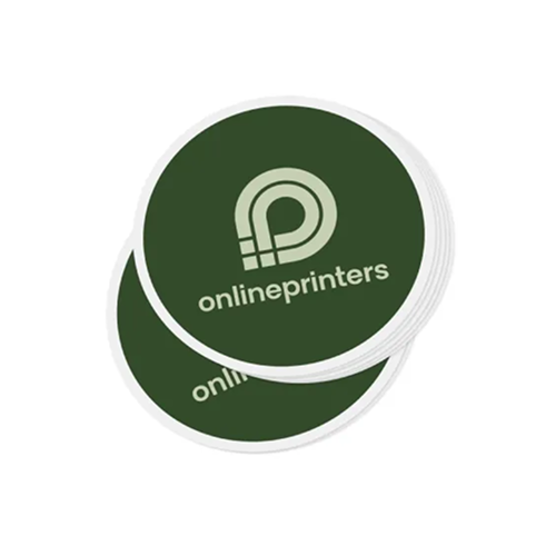 Etichette pubblicitarie rotonde con sfondo verde scuro, scritta bianca “onlineprinters” e logo stilizzato “P” al centro.