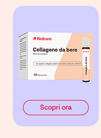 Prodotto Redcare “Collagene da bere” in box lilla con bottone “Scopri ora”. Sfondo viola chiaro.
