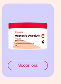 Prodotto Redcare “Magnesio Assoluto” in barattolo bianco e rosso su sfondo lilla con bottone “Scopri ora”.