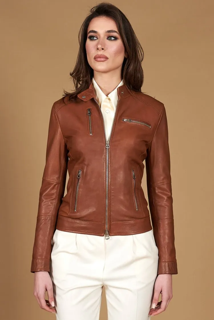 Image of Giacca biker in pelle naturale cuoio effetto liscio