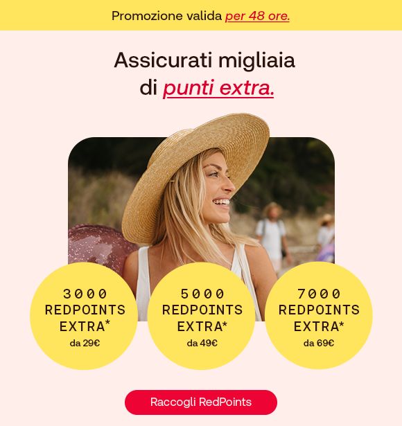 Banner promozionale Redcare che mostra una donna con cappello sorridente e tre badge gialli con scritto: “3000 RedPoints extra da 29€”, “5000 RedPoints extra da 49€” e “7000 RedPoints extra da 69€”. In alto si legge: “Assicurati migliaia di punti extra. Promozione valida per 48 ore.”