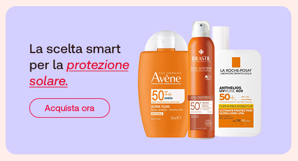 Banner con tre solari: Avène, Rilastil e La Roche-Posay SPF 50+. Il testo dice: “La scelta smart per la protezione solare” e bottone rosso con “Acquista ora”.