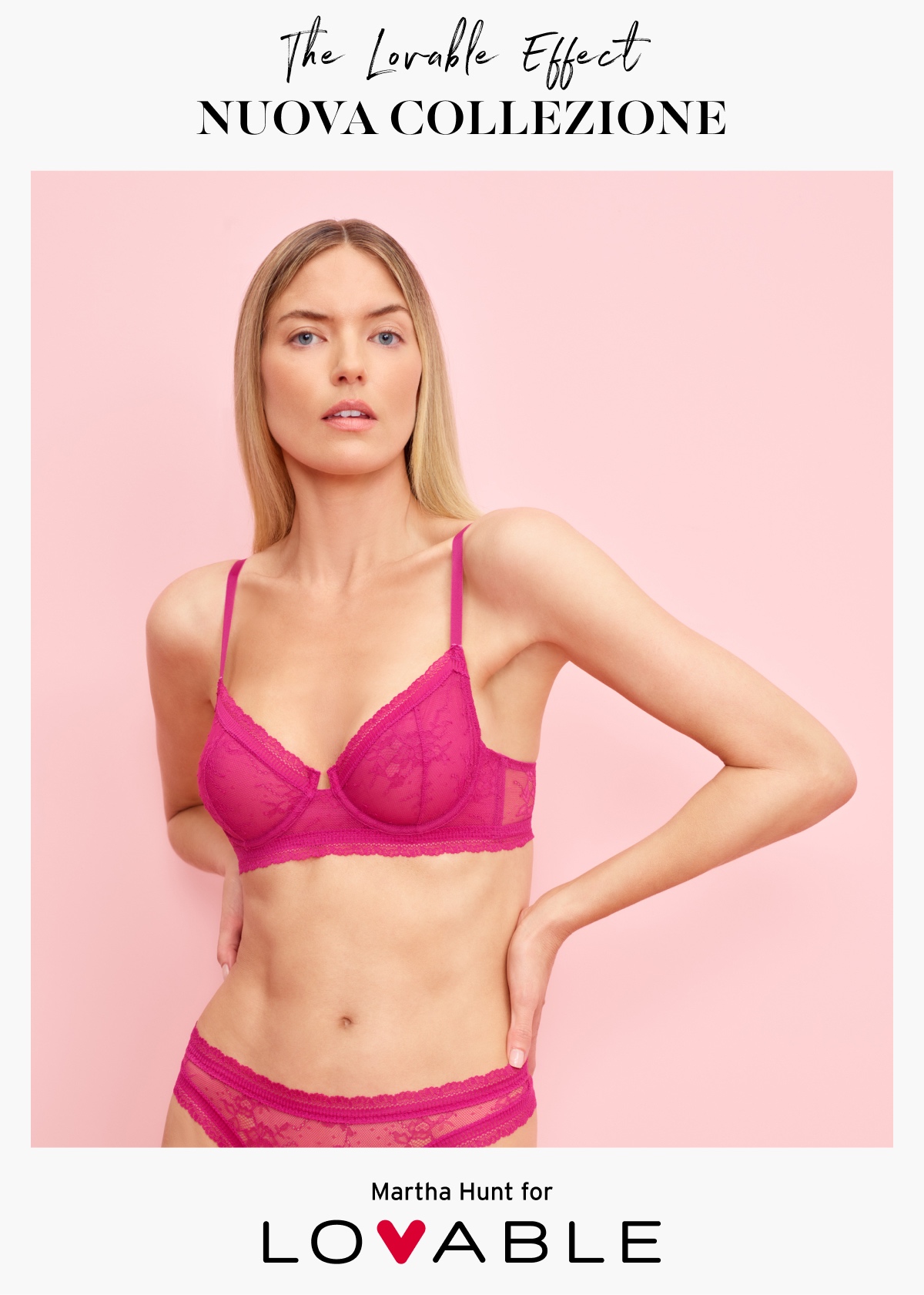 Modella bionda che indossa intimo fucsia con scritta: the Lovable effect nuova collezione
