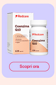 Prodotto Redcare “Coenzima Q10” da 120 capsule in box lilla con bottone “Scopri ora”.