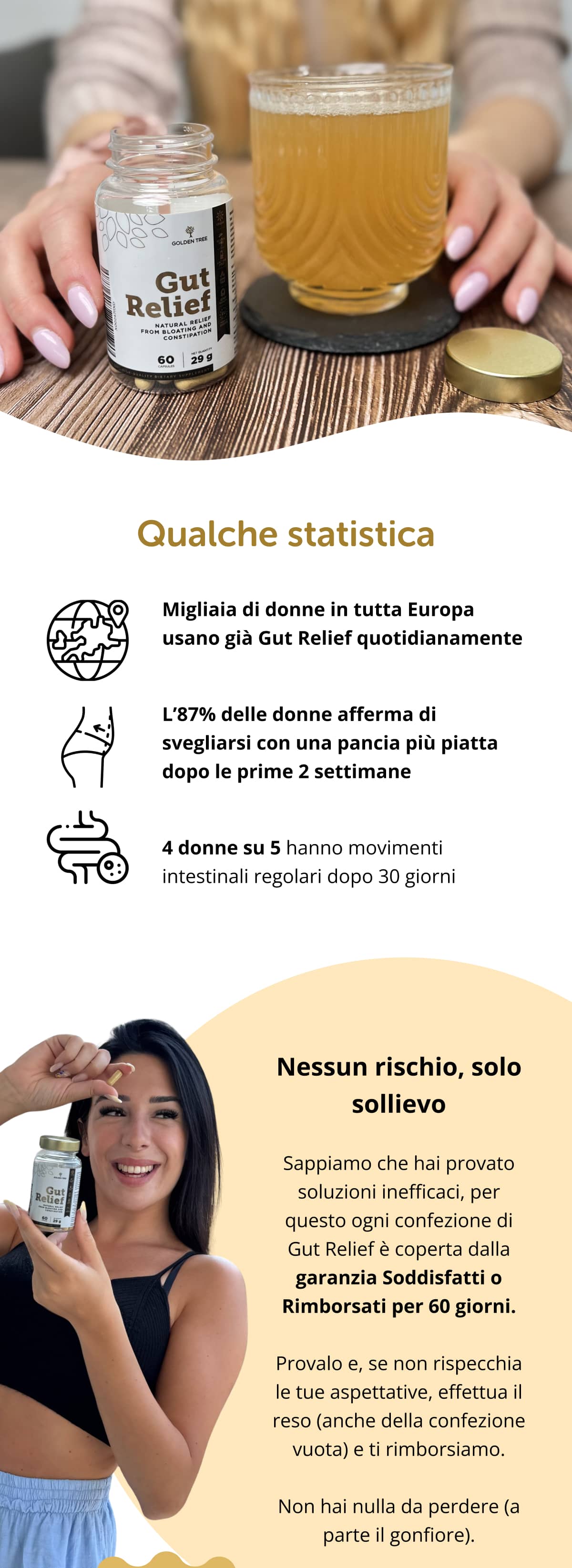 📊 Qualche statistica Migliaia di donne in tutta Europa usano già Gut Relief quotidianamente L’87% delle donne afferma di svegliarsi con una pancia più piatta dopo le prime 2 settimane 4 donne su 5 hanno movimenti intestinali regolari dopo 30 giorni  Nessun rischio, solo sollievo Sappiamo che hai provato soluzioni inefficaci, per questo ogni confezione di Gut Relief è coperta dalla garanzia Soddisfatti o Rimborsati per 60 giorni. Provalo e, se non rispecchia le tue aspettative, effettua il reso (anche della confezione vuota) e ti rimborsiamo. Non hai nulla da perdere (a parte il gonfiore).