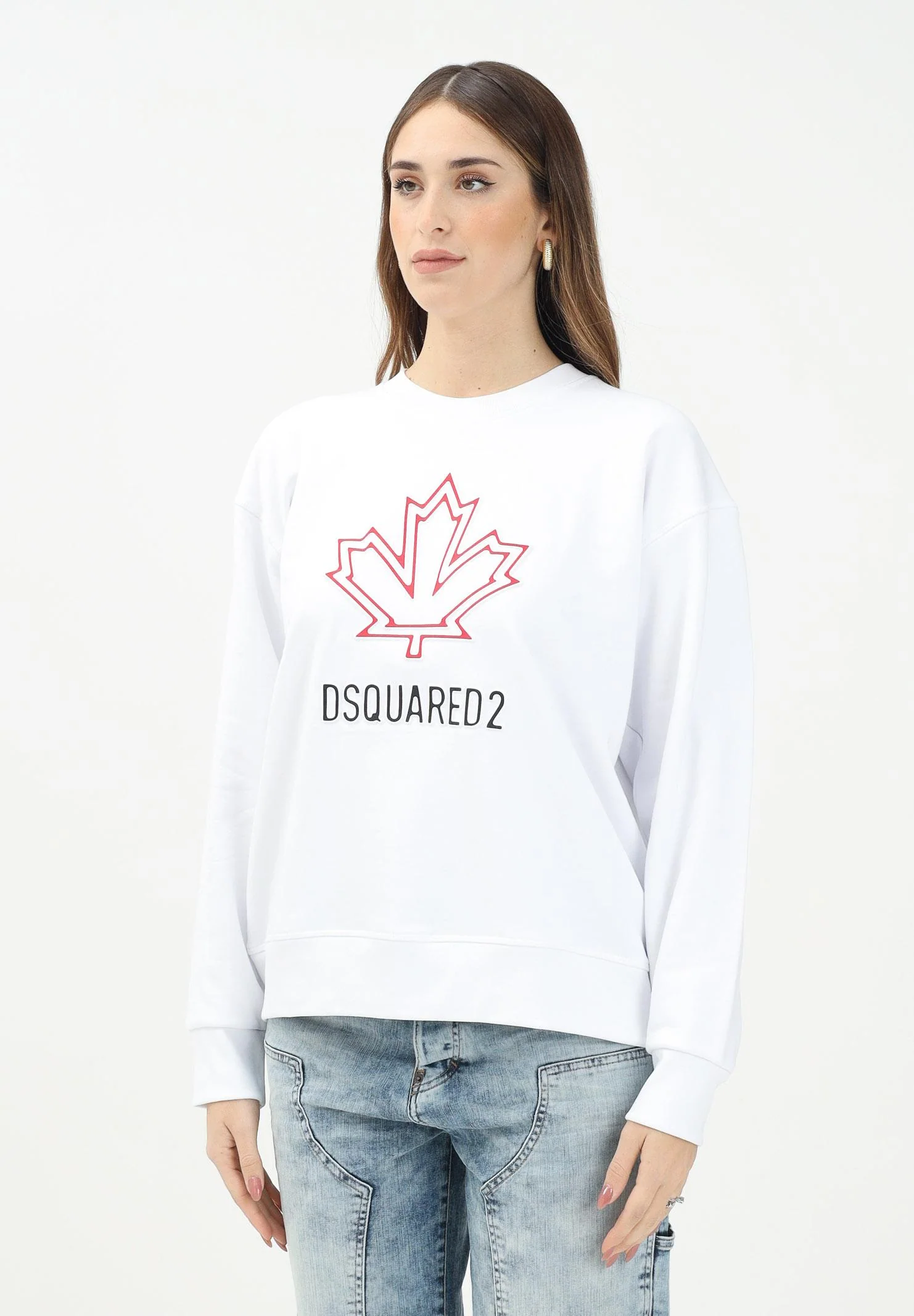Image of DSQUARED2 Felpa girocollo bianca per donna, ragazzi e bambini con foglia d'acero e logo