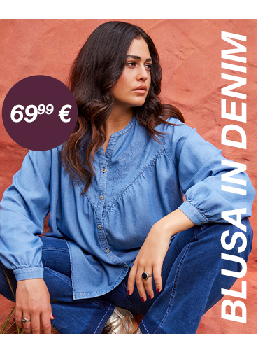 Blusa di jeans dal taglio svasato con ricami, scollo a V e maniche lunghe