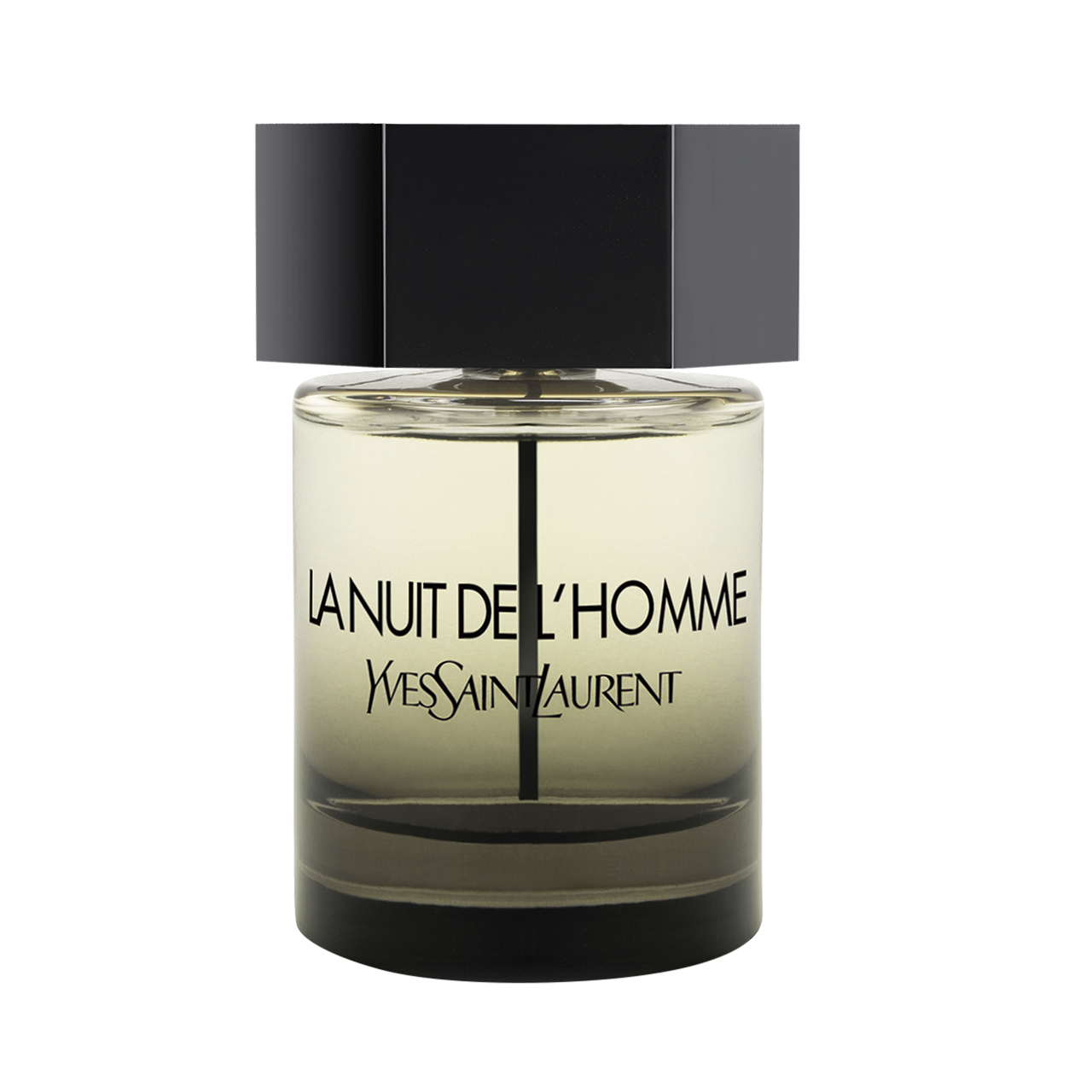Una bottiglia scura e rettangolare di profumo Yves Saint Laurent "La Nuit de l'Homme" con un tappo nero.