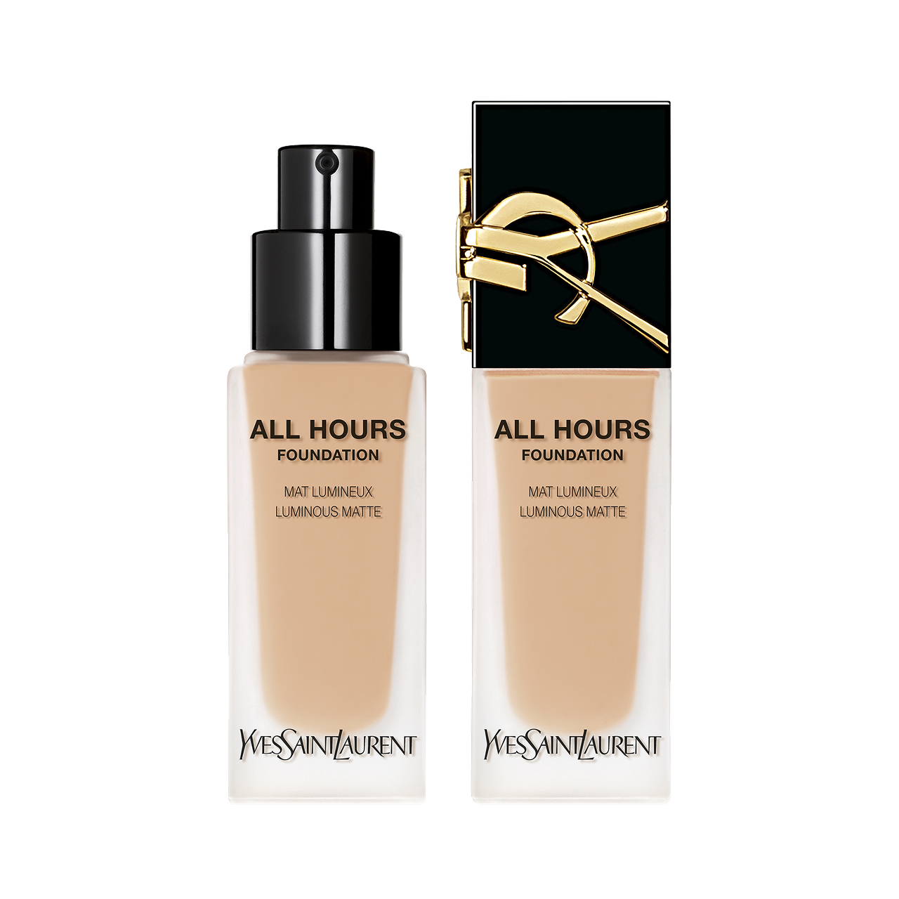 Due flaconi di fondotinta Yves Saint Laurent "All Hours": uno con dosatore e l'altro con un tappo quadrato nero con il logo YSL.