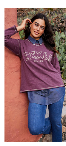 Felpa con Texas, orli arrotolati, scollo a V e maniche lunghe