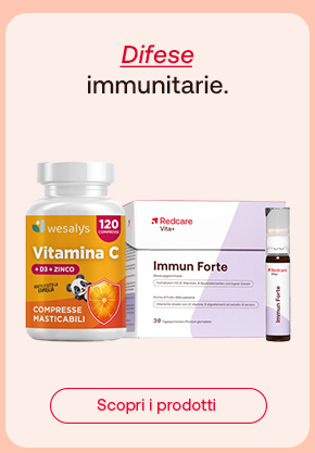 Due integratori per il sistema immunitario: Vitamina C + D3 + Zinco (Wesalys) e Immun Forte di Redcare. Sopra, il testo “Difese immunitarie”, con “Difese” in rosso corsivo. In basso, pulsante rosso: “Scopri i prodotti”.