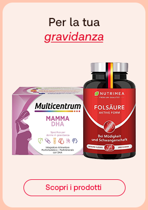 Due integratori per la gravidanza: Multicentrum Mamma DHA e Folsäure di Nutriméa. Sopra il testo “Per la tua gravidanza”, con “gravidanza” in rosso corsivo. In basso, pulsante rosso: “Scopri i prodotti”.