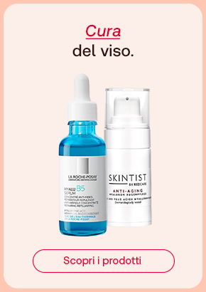 Due prodotti per la skincare: Hyalu B5 di La Roche-Posay e crema antietà di Skintist. In alto il testo “Cura del viso”, con “Cura” evidenziato in rosso corsivo. In basso, pulsante rosso: “Scopri i prodotti”.