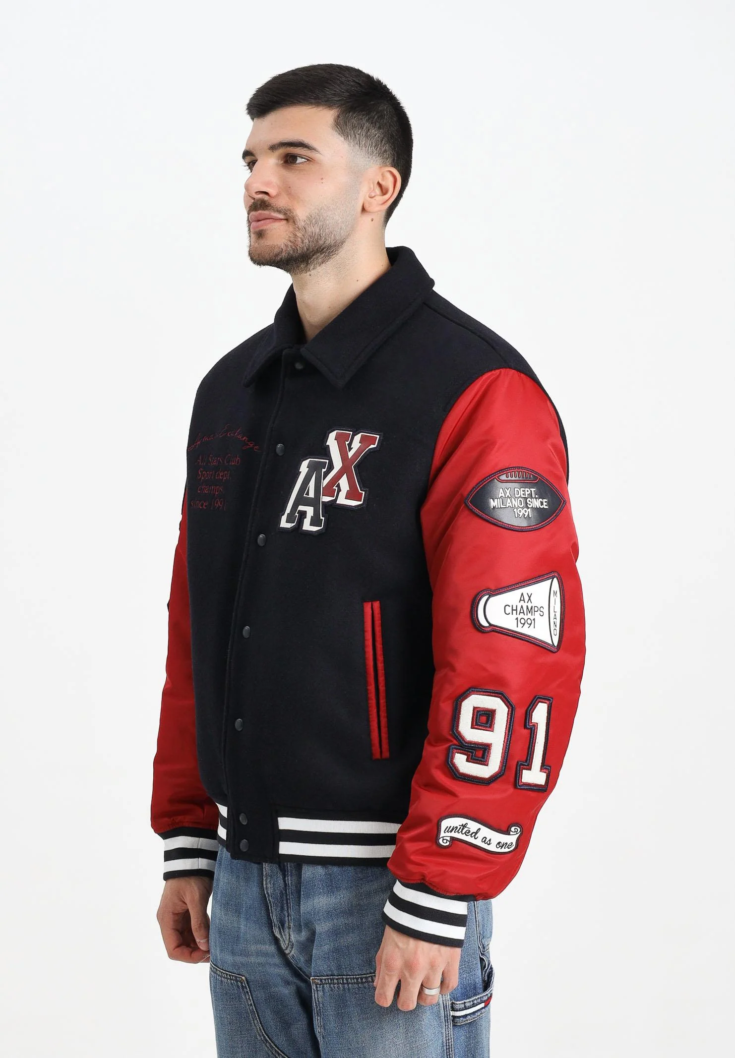 Image of ARMANI EXCHANGE Bomber college blu e rosso da uomo con patch