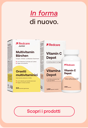 Tre integratori Redcare: Multivitamin Bärchen per bambini, Vitamin C Depot e Vitamina C Depot (formato grande). Sopra, il testo: “In forma di nuovo”, con “In forma” in rosso corsivo. In basso, pulsante rosso: “Scopri i prodotti”.