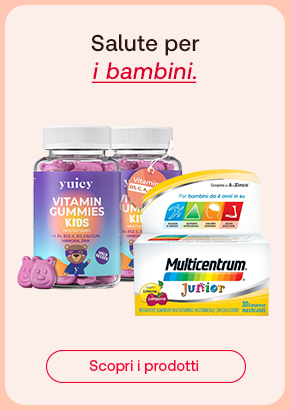 Integratori per bambini: due barattoli di Vitamin Gummies Kids (Yuiecy) e una confezione di Multicentrum Junior. In alto il testo “Salute per i bambini”, con “i bambini” in rosso corsivo. In basso, pulsante rosso: “Scopri i prodotti”.
