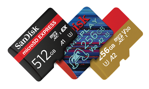 Un assortimento di schede di memoria SanDisk con diverse capacità e tipi di schede