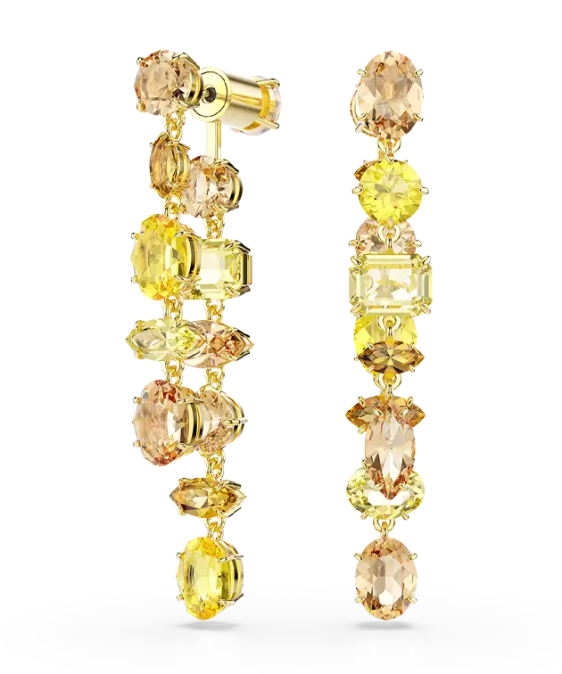 Orecchini pendenti Gema, Design asimmetrico, Taglio misto, Lunghi, Gialli, Placcati color oro