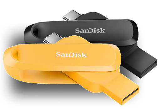 Due unità telefoniche SanDisk, una gialla e una nera, con connettori USB-C e USB-A.