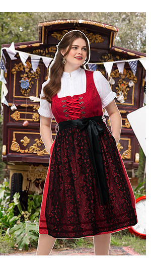 Tradizionale abito smanicato Dirndl con grembiule di pizzo e scollo rettangolare