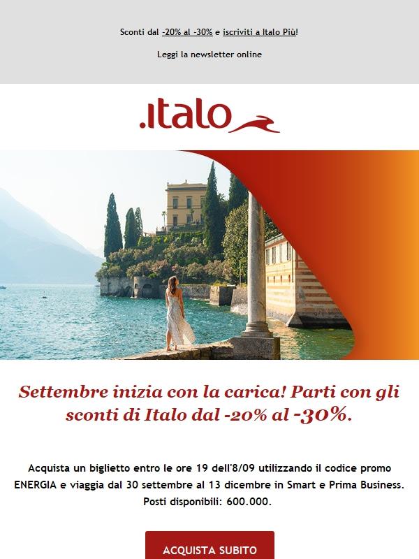 Settembre inizia con la carica! Parti con gli sconti di Italo dal -20% al -30%.
