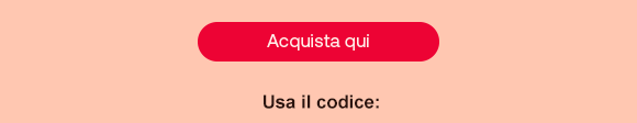 Sfondo pesca con pulsante rosso contenente la scritta bianca "Acquista qui". Sotto, testo nero "Usa il codice:" centrato. Sfondo pesca con pulsante rosso contenente la scritta bianca "Acquista qui". Sotto, testo nero "Usa il codice:" centrato.