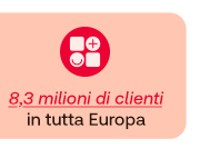 Icona con quattro simboli (check, smiley, più e cerchio), testo: 8,3 milioni di clienti in tutta Europa su sfondo color pesca. Icona con quattro simboli (check, smiley, più e cerchio), testo: 8,3 milioni di clienti in tutta Europa su sfondo color pesca.