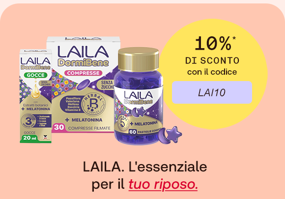 Immagine promozionale con sfondo color pesca. A sinistra, tre confezioni di integratori LAILA DormiBene: gocce da 20 ml, compresse da 30 unità e pastiglie gommose da 60 unità. A destra, un grande bollino giallo con la scritta “10%* di sconto con il codice LAI10”. In basso, la frase: “LAILA. L’essenziale per il tuo riposo”, con “tuo riposo” in rosso e sottolineato. Immagine promozionale con sfondo color pesca. A sinistra, tre confezioni di integratori LAILA DormiBene: gocce da 20 ml, compresse da 30 unità e pastiglie gommose da 60 unità. A destra, un grande bollino giallo con la scritta “10%* di sconto con il codice LAI10”. In basso, la frase: “LAILA. L’essenziale per il tuo riposo”, con “tuo riposo” in rosso e sottolineato.
