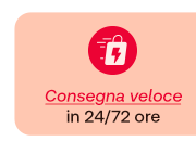 Icona con borsa e fulmine, testo: Consegna veloce in 24/72 ore su sfondo color pesca. Icona con borsa e fulmine, testo: Consegna veloce in 24/72 ore su sfondo color pesca.
